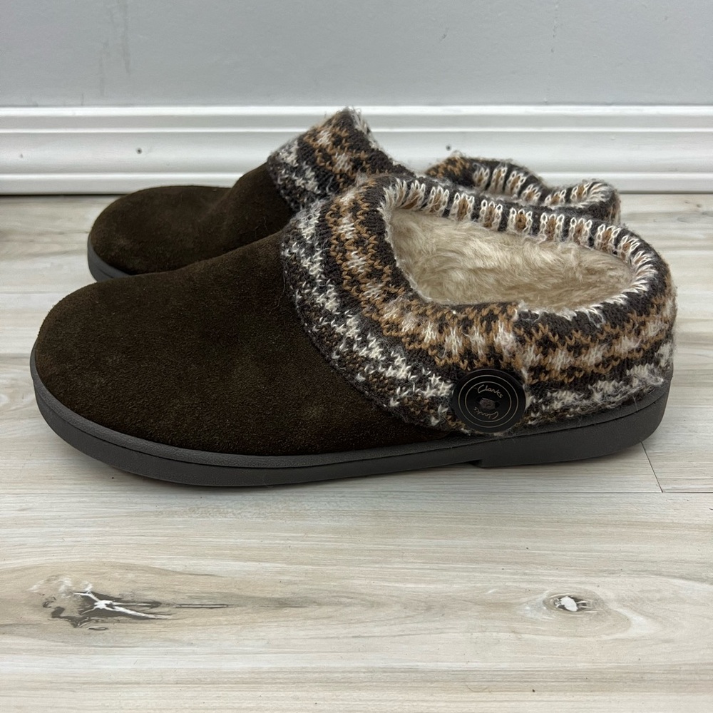 Clarks Brown Faux Fur Shoes Slippers Fair Isle Trim